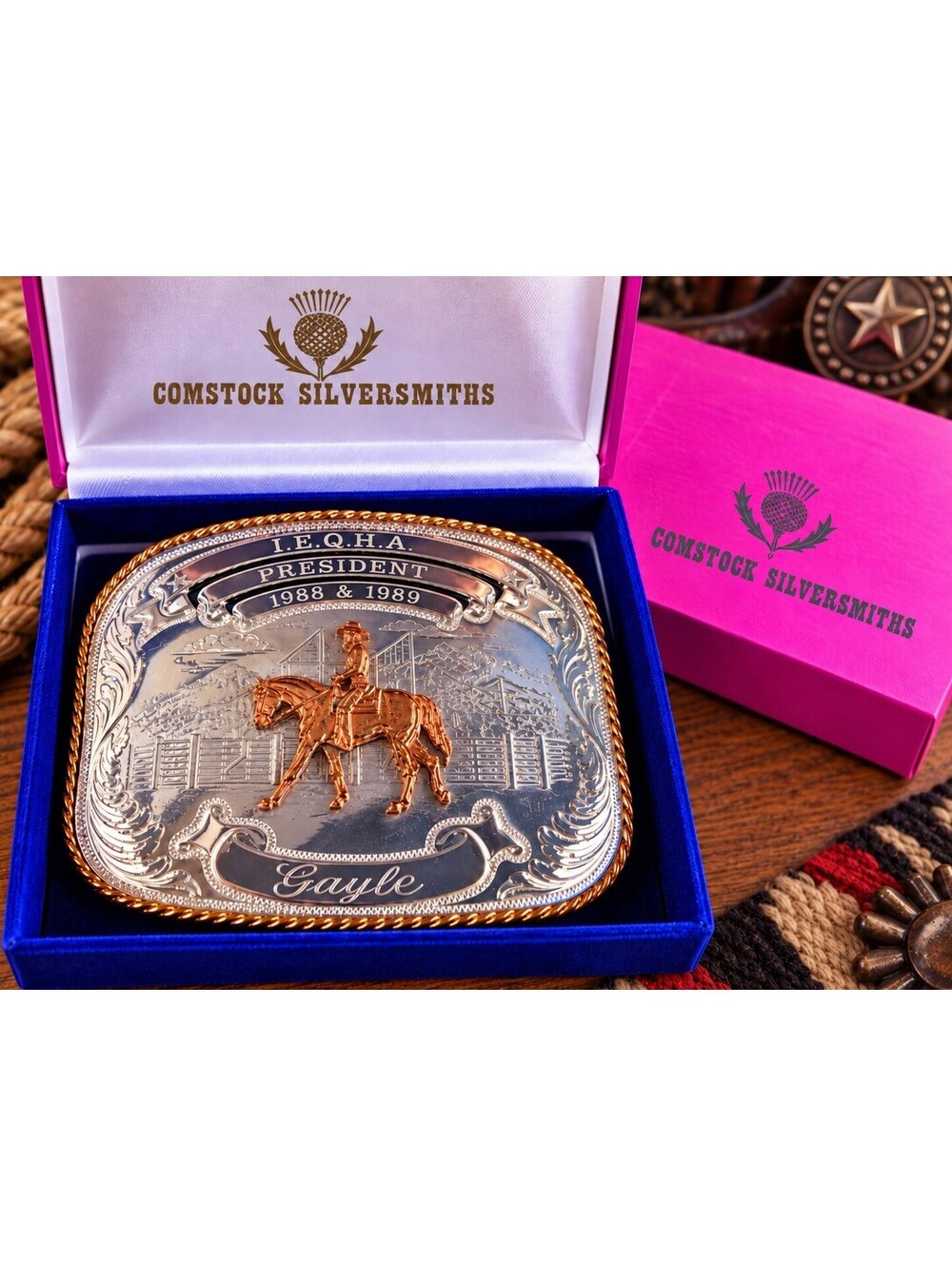 Vtg Comstock Silversmiths Trophy Belt Buckle Inland Empire Quarter Horse Boxed